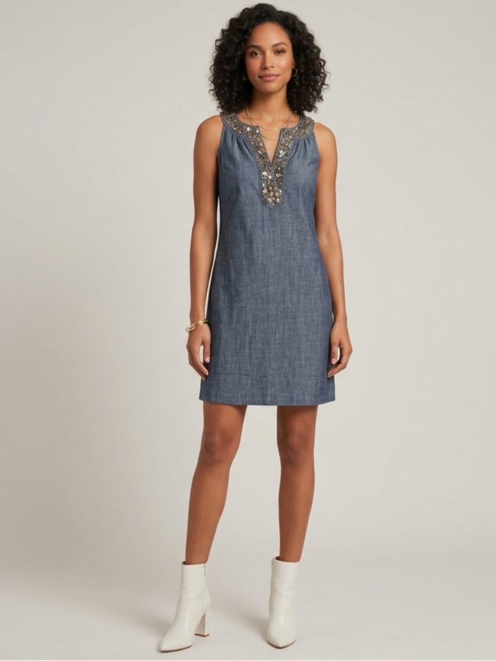 New York & Company Women's Size Small Denim Dress Sleeveless 100% Cotton Jeweled